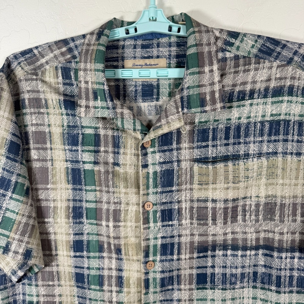 Tommy Bahama Shirt Mens XL Blue Hawaiian Camp Silk Blend Island Zone Plaid